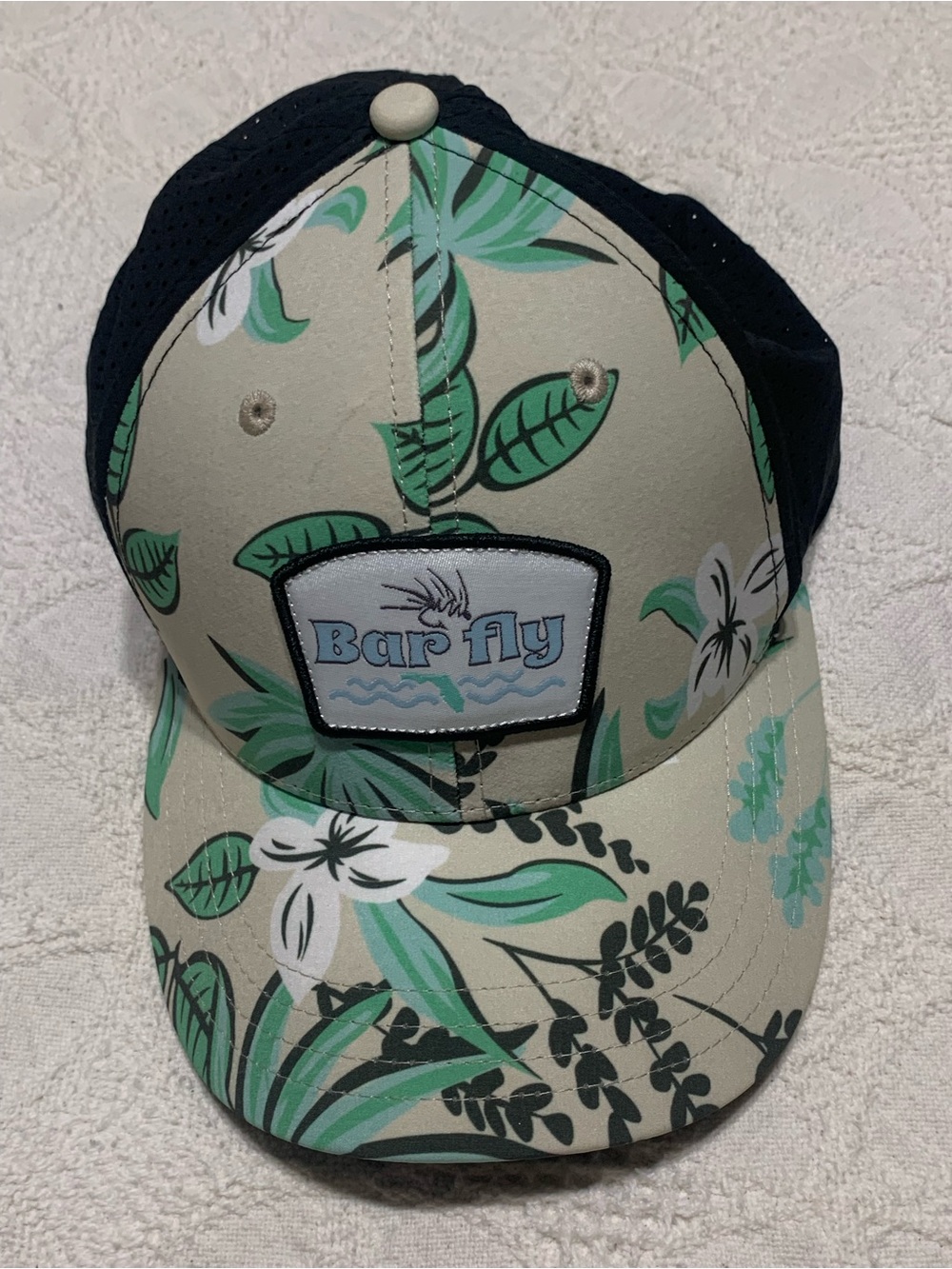 Bar Fly Snap-Back Trucker Cap in Beige with Coastal Pattern